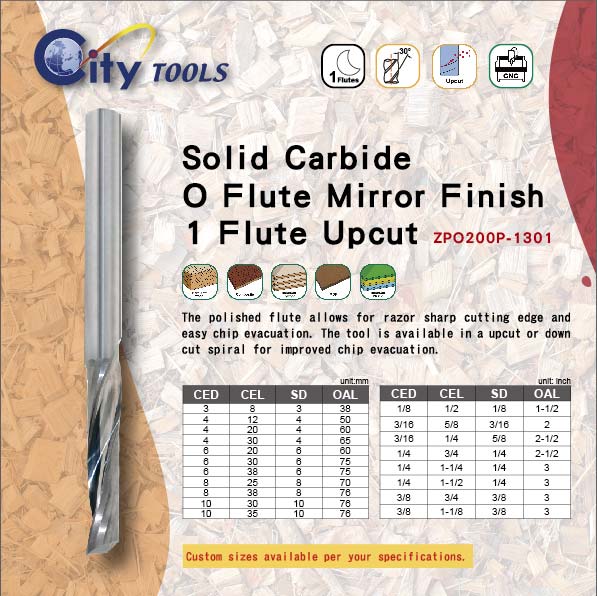 Solid Carbide  O Flute Mirror Finish  1 Flute Upcut